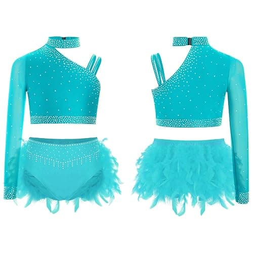 Aislor Girls Crop Top with Feather Briefs Irregular Shoulder Dance Outfits 2 Piece Jazz Latin Dance Costume - Image 1