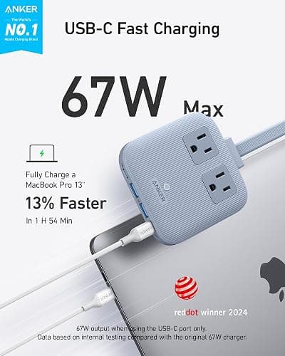 Anker Nano Charging Station(67W Max), 6-in-1 Power Strip for iPhone 16/15, MacBook, with Flat Plug and 5ft Thin Undetachable Extension Cord,2 AC&2 USB A&2 USB-C, for Home&Office thumbnail 2