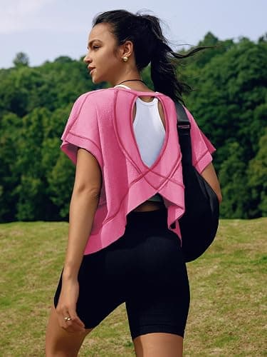SENSERISE Womens Open Back Workout Tops Backless Short Sleeve Athletic Shirt Running Crop Top Gym Yoga Tee - Small - Hot Pink thumbnail 5