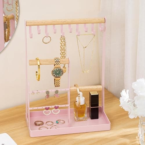 ProCase Jewelry Stand Holder Organizer, 4-Tier Necklace Holder with Ring Tray, 10 Hooks Necklaces Hanging Small Jewelry Display Storage Tower Tree for Bracelets Earrings Watches -Medium, Pink thumbnail 2