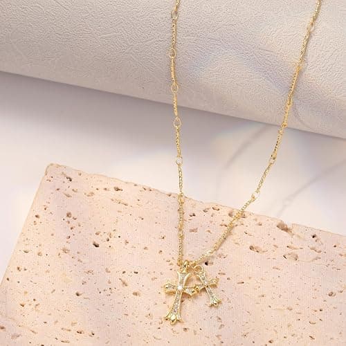 Warshion Cross Necklace 14K Gold/Silver Plated Double Cross Pendant Necklace Dainty Diamond Cross Charm Link Chain Choker Delicate Faith Jewelry Religious Gifts for Women thumbnail 5