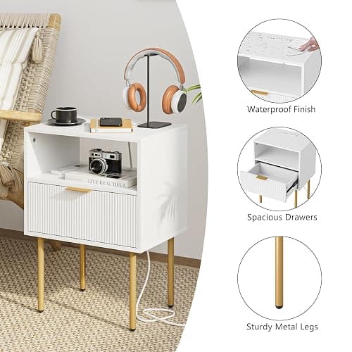 Aienvey Nightstand with Charging Station, Small Side Table, Modern Night Stand with Drawers, Bedside Table for Bedroom, Living Room End Table, White Stripe thumbnail 8