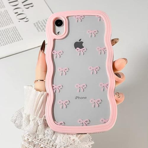 Riccase for iPhone XR Case Bow Curly Wave Frame Phone Case, Shockproof Clear Soft Transparent Silicone Protective Bumper Cover for Women Girls, Pink thumbnail 3
