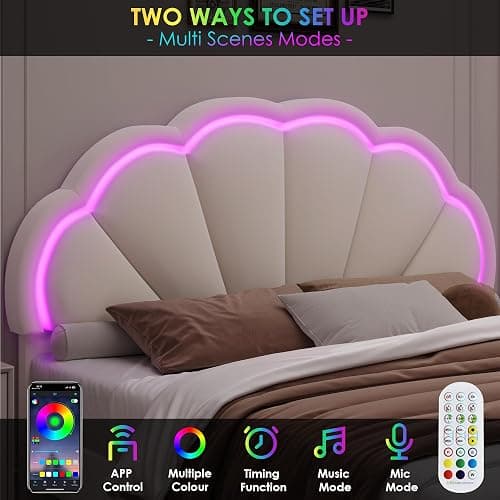HIFIT Queen Upholstered Smart LED Bed Frame with Adjustable Chic Petal Headboard, Soft Princess Queen Size Platform Bed Frame for Girls, Wooden Slat Support, No Box Spring Needed, Easy Assembly, Beige thumbnail 4