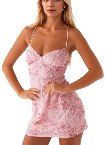 calbatic Women Sequin Sparkly Rhinestone Mini Dress Sleeveless Backless Deep V Neck Glitter Short Cami Dress Party Clubwear - Image 1