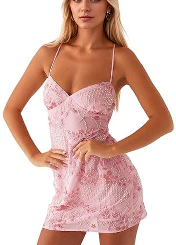 calbatic Women Sequin Sparkly Rhinestone Mini Dress Sleeveless Backless Deep V Neck Glitter Short Cami Dress Party Clubwear - Image 1