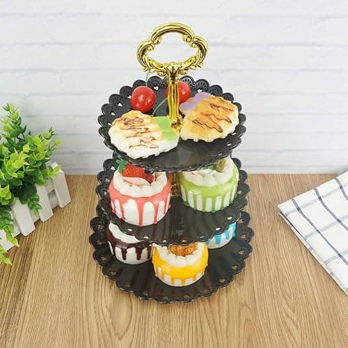 Artliving 3-Tier Plastic Cake Stand Dessert Stand Cupcake Stand Tea Party Serving Platter Black Gold thumbnail 3