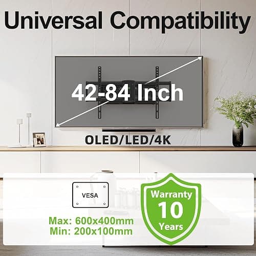 Full Motion Mount, USX MOUNT UL Listed TV Wall Mount for Most 42-84 inch TVs, Holds up to 120lbs, Max VESA 600x400mm, Swivel TV Bracket with Dual Articulating Arms Tilt Rotation Fits 16" Wood Stud thumbnail 5