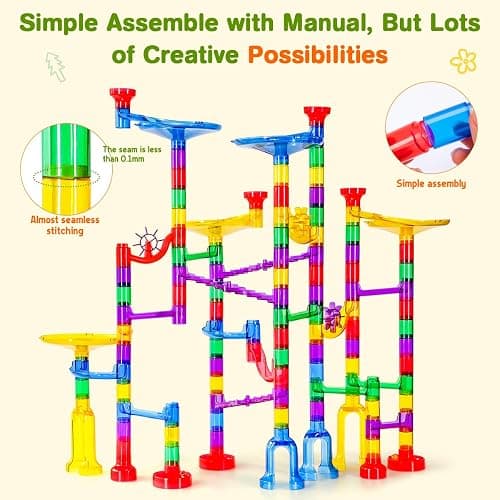 Meland Marble Run - 132Pcs Marble Maze Game Building Toy for Kid, Marble Track Race Set & STEM Learning Toys for Boy Girl Age 3 4 5 6 7 8 9+ (102 Translucent Marbulous Pcs & 30 Glass Marbles) - 132pcs with Glowing Marbles thumbnail 6