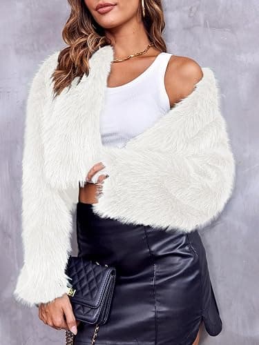 Danedvi Women's Fashion Cropped Faux Fur Jacket Long Sleeve Open Front Cardigan Casual Fluffy Parka Shaggy Short Coat thumbnail 3