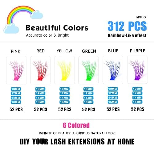 Happy Heartbeat 3D Colored Lash Clusters C Curl 312Pcs 6 Colors 10mm 12mm 14mm 16mm Mixed Faux Mink Lashes DIY Individual Lashes 40D Colorful Fluffy Eyelash Extension(40D-10-16,6 Colors-C Curl) thumbnail 3