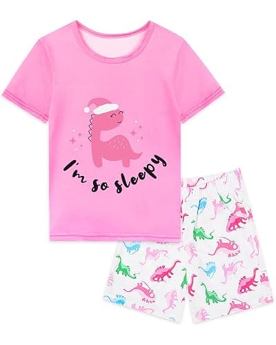 Nidoul Girls Pajamas Short Sleeve Toddler Summer Pjs Girls' Sleepwear 2 Pieces Lounge Sets Kids Clothes 3T-14Y - Pink Dino - 3-4T - Image 1