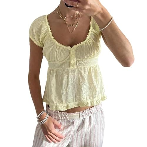 Women Y2k Cap Sleeve Shirt Lace Trim Fairy Plaid Tees Cute Ruffled Babydoll Crop Top Vintage Aesthetic Clothes - Image 1