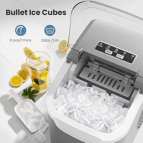 Portable Countertop Ice Maker Machine with Handle, 9 Bullet-Shaped Ice Cubes Ready in 6 Mins, 26Lbs/24H, Self-Cleaning Function with Ice Scoop and Basket for Home/Kitchen/Party (Grey) thumbnail 2