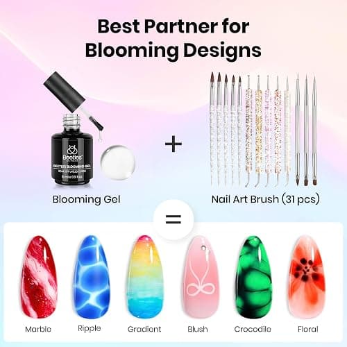 Beetles Nail Art Brushes 31pcs and Blooming Gel Set Clear UV LED Aura Nails Gel Polish for Spreading Effect Marble Natural Stone Watercolor Floral Print Soak Off Dotting Tools, Nail Art Pens thumbnail 2