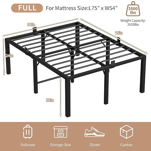 24 Inch High Full Bed Frame with Under-Bed Storage Space, Heavy Duty Metal Tall Platform Bed Frame Full Size, 3500 LBS Sturdy Steel Support, No Box Spring Needed, Noise Free, Easy Assembly, Black thumbnail 2