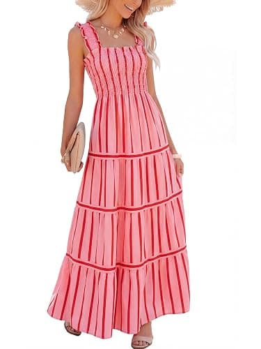 Caracilia Womens Summer Maxi Dresses Floral Smocked Sleeveless Ruffle Boho Casual Flowy Aline Beach Vacation Long Sundress - Image 1