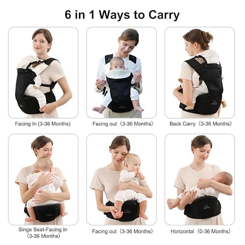 Bebamour Baby Carrier Newborn to Toddler Baby Carrier Hipseat 0-36Months with Head Hood, 3 PCS Teething Pads, Waist Extender, Black thumbnail 4