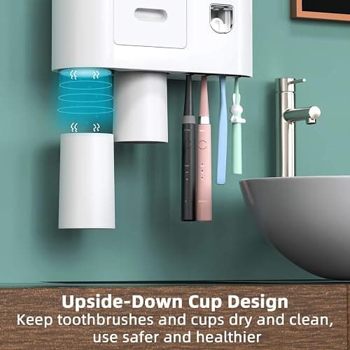 Toothbrush Holder Wall Mounted, Automatic Toothpaste Dispenser Squeezer Kit -Magnetic Toothbrush Holder for Bathroom and Vanity, 4 Brush Slots 2 Cups 1 Cosmetic Drawer - Grey - 2 cups thumbnail 5