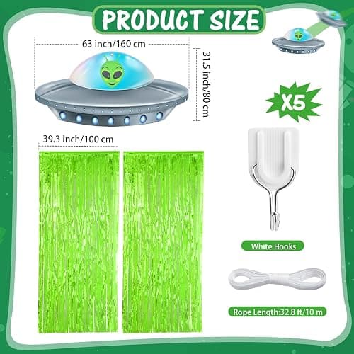 Simgoing Alien Birthday Party Door Curtain Decorations, Fluorescent Green | Foil Tinsel Flying Saucer Spaceship Hanging Banner for Alien Halloween Party Supplies, Fun Garland Decorations thumbnail 2