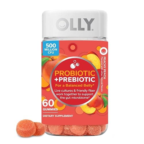 OLLY Probiotic + Prebiotic Gummy, Digestive Support and Gut Health, 500 Million CFUs, Fiber, Adult Chewable Supplement for Men and Women, Peach, 60 Day Supply - 60 Count - Image 1