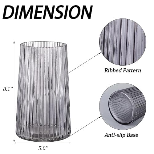 MARTAGE Black Glass Vase for Flower, Flower Vase for Bouquet, Modern Glass Vases, Ribbed Vases for Living Room, Bedroom, Dining Table, Office, Wedding, Centerpieces, 8 Inches thumbnail 3