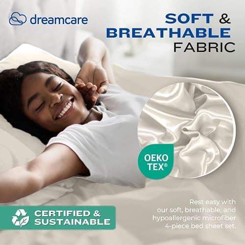 DREAMCARE King Size Sheets Set – 4 pcs Cooling Sheets – up to 21” Deep Pocket King Sheet Set – Hotel Luxury Sheets & Pillowcases – Superior Softness 100% Fine Microfiber with Side Pocket – Ivory thumbnail 6