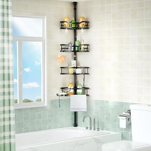 HAMITOR Corner Shower Caddy Tension Pole: High Capacity 4-Tier Rustproof Bathroom Organizer Shelves for Small Bathrooms - 47-121 inch Adjustable Floor Standing Bath Rack Holder - Black thumbnail 7