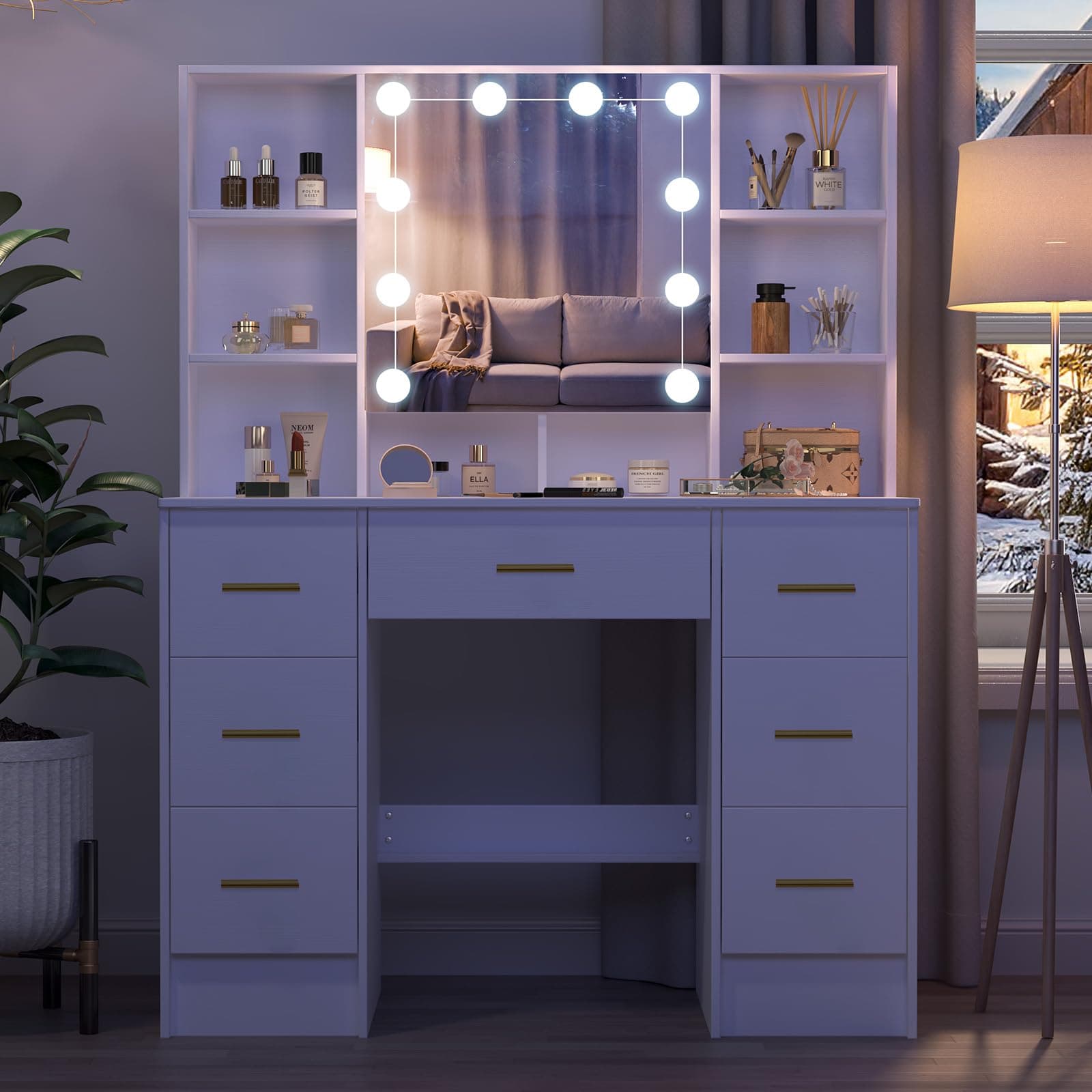 Umeiga Large Vanity Table, Vanity Desk with Sliding Mirror and Lights, 3 Adjustable Light Modes, 7 Drawers 8 Open Shelves, 3 Hidding Shelves, Makeup Desk with Metal Handles for Girls and Women, White thumbnail 9