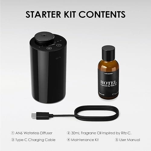 Waterless Essential Oil Diffuser Starter Kit with 30mL Hotel Scent Fragrance Oil Inspired by Ritz-C., Battery Operated Mini Scent Air Machine Portable Diffuser for Home Car Office, Black AN6 thumbnail 5