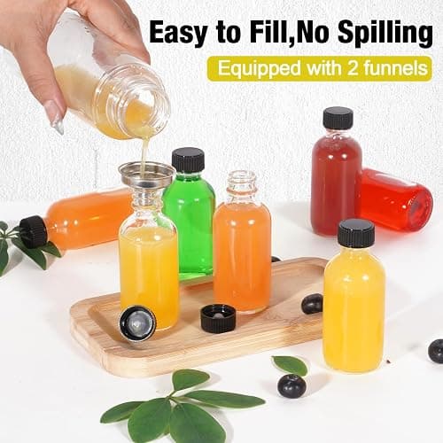 2oz Small Clear Glass Bottles with Lids, 2 Stainless Steel Funnel, 12 Labels,1 Brush - 60ml Reusable Boston Bottle for Juice, Ginger Shot, Wellness, Oils, Whiskey, Liquids - Leakproof Travel Bottle thumbnail 4