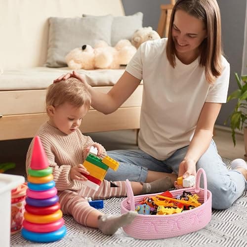 Vesici Pink Bow Woven Storage Basket for Toilet Tank Top Boho Cotton Rope Bathroom Countertop Organizer Basket with Handle Pink Bathroom Decor for Bedroom Nursery Toys Organizing, 13 x 6 x 4 Inch thumbnail 4