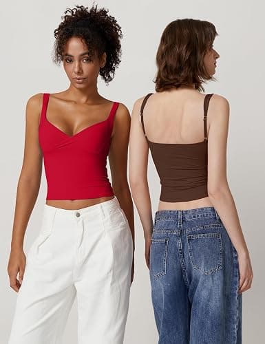 QINSEN Women's V Neck Tank Tops Double Lined Adjustable Strap Camisole Shirt thumbnail 3