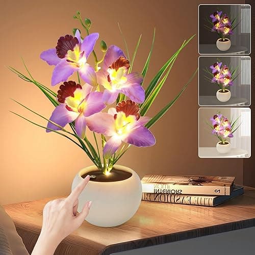 Strackvial Artificial Flower Night Light, Touch Stepless Dimming USB Rechargeable Orchid Flower with Vase Lamp, LED Table Lamp Decorative Landscape Lights for Festival Party Home Decor (Purple) - Image 1