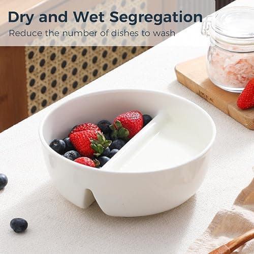 LUFILUFI Anti-Soggy Cereal Bowl Set of 2, 6.7 Inch Divided Ceramic Bowls for Cereal and Milk, Chip and Dip Bowl, Soup and Sandwich Plate Combo, Stackable Snack Serving Bowl for Kids Adults, White thumbnail 4