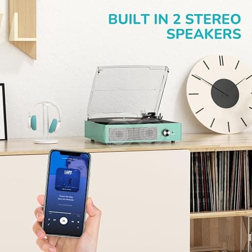 Record Player for Vinyl with 2 Build-in Speakers LP Vinyl Players Belt-Driven Vintage Turntables 3 Speed 3 Size, Wireless Bluetooth Playback, AUX-in, RCA Out, Headphone, Auto Stop,Water Blue thumbnail 6