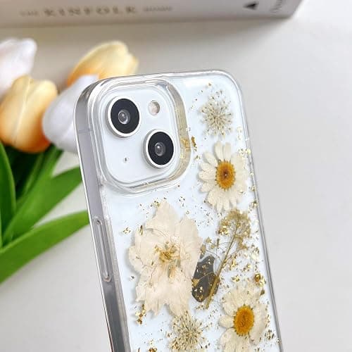 LSEEKA for iPhone 13 / iPhone 14/ iPhone 15 Clear Case with Pressed Real Flowers Design,Glitter Cute White Floral Pattern Soft TPU Protective Women Girl's Phone Cover for iPhone 13/14/15 thumbnail 6