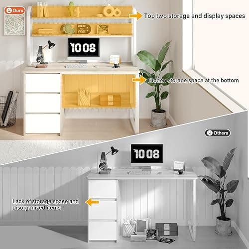MaverickFurni Computer Desk with Hutch, 47 Inch Small Desk with 3 Drawers for Bedroom, Study Writing Desk with Shelves for Small Spaces, Adjustable Feet, Light Walnut thumbnail 5