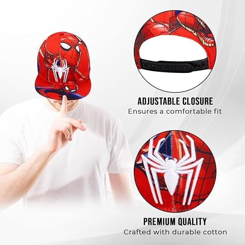 Marvel Comics Mens Spiderman Character Costume Embroidered/Printed Snapback Flatbrim Baseball Cap Hat thumbnail 4