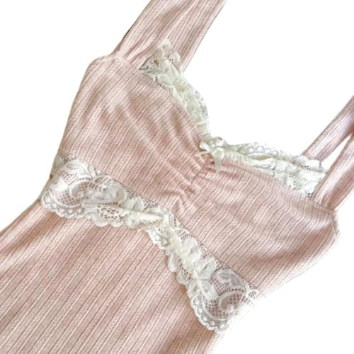 Women Fairy Grunge Tank Tops Vintage Aesthetic Lace Trim Cami Shirt Slim Fit Knit Ribbed Coquette Clothes thumbnail 2