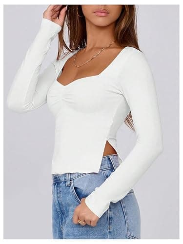 Verdusa Women's Y2K Long Sleeve Crop Tops Ruched Sweetheart Neck Side Slit Fitted T Shirts thumbnail 3