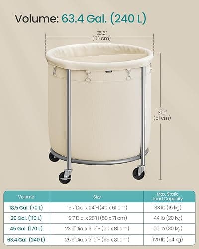 SONGMICS 63.5-Gallon (240 L) Laundry Basket with Wheels, Rolling Round Heavy-Duty Laundry Hamper Cart with Steel Frame and Removable Bag, 2 Locking Wheels, Cream White and Metallic Silver URLS012W01 thumbnail 3