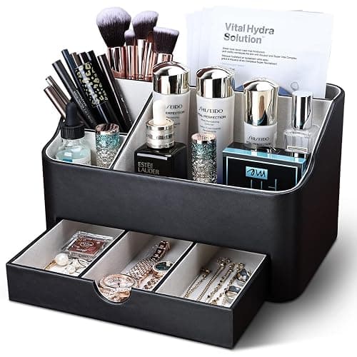 KINGFOM Desk Tidy Organiser mit 5 Grids and Drawer, PU Leather Desk Organiser Office Desktop Stationary Organiser Holder Large Capacity Pen Pot Pen Holder for Desk Accessories (Black) thumbnail 4
