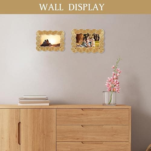DECOCIAGA 5x7 Picture Frame, Display Pictures 5x7 with Mat, Wavy Edge Wood Photo Frame for Tabletop and Wall Hanging, with Clear Plexiglass for Vertical or Horizontal Display, Gold, 1 Pack thumbnail 4