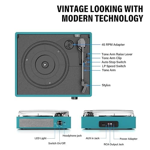 Record Player for Vinyl with 2 Build-in Speakers LP Vinyl Players Belt-Driven Vintage Turntables 3 Speed 3 Size, Wireless Bluetooth Playback, AUX-in, RCA Out, Headphone, Auto Stop Sea Blue thumbnail 2