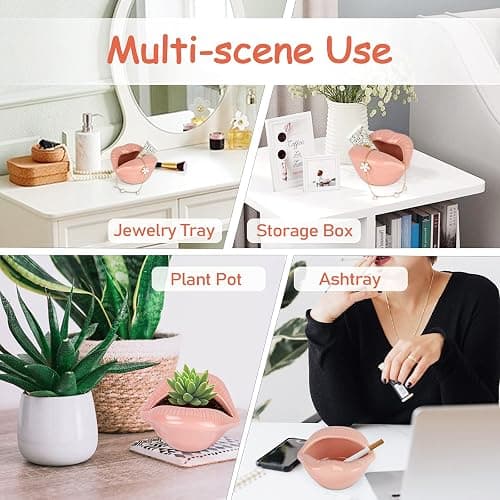 Trycooling Ceramic Red Lips Lipstick Ring Holder Jewelry Tray Rack Decorative Cosmetic Storage Display Holder Desktop Hairpin Storage Organizer Birthday Choice (Pink) thumbnail 4