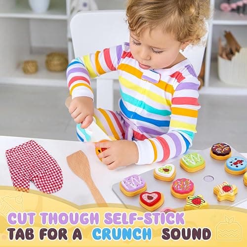 Slice and Bake Wooden Cookie Play Food Set for Kids Kitchen - Toy Food Accessories - Kids Pretend Cookies and Baking Sheet, Toy Baking Set for 3+ Year Old Boys Girls Birthday Gifts thumbnail 3