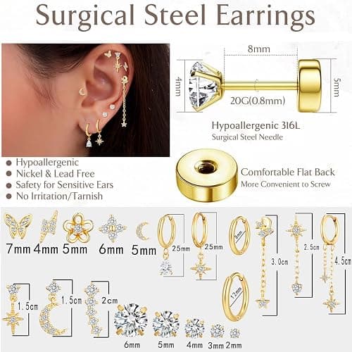 20 Pairs 40pcs Gold Flat Back Earrings Hypoallergenic Cartilage Earring for Women,Mix of 10pcs Hoops,30pcs Studs,Dazzling Helix & Tragus Piercing Jewelry,20G Screw Back Earrings Sets for Multiple Piercing thumbnail 6