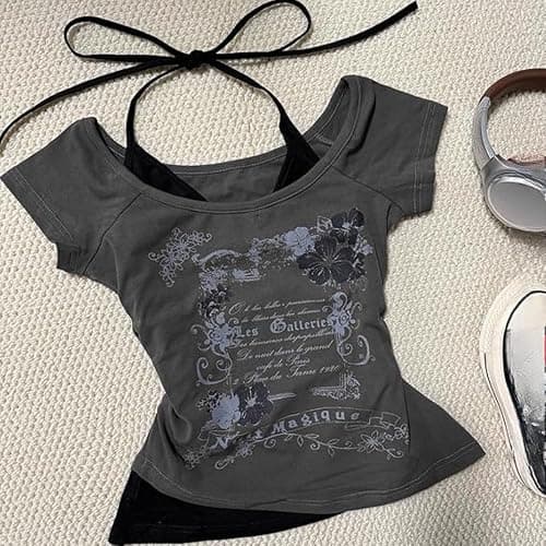 Baby Tee Y2k Women Grunge Top Emo 2000s Vintage Fake Two Piece Short Sleeve T Shirt Crop Tops Teens thumbnail 2
