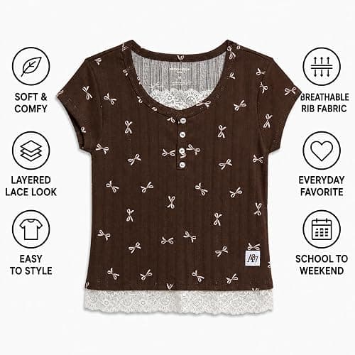 AEROPOSTALE Girls Henley Shirts, Short Sleeve 2fer Lace Trim Top, Y2K 7-16 | Layered Look at Neck and Hem, Pairs with Denim, Skirts, or Leggings, Classroom to Weekend Wear, Delicate Detailing thumbnail 5